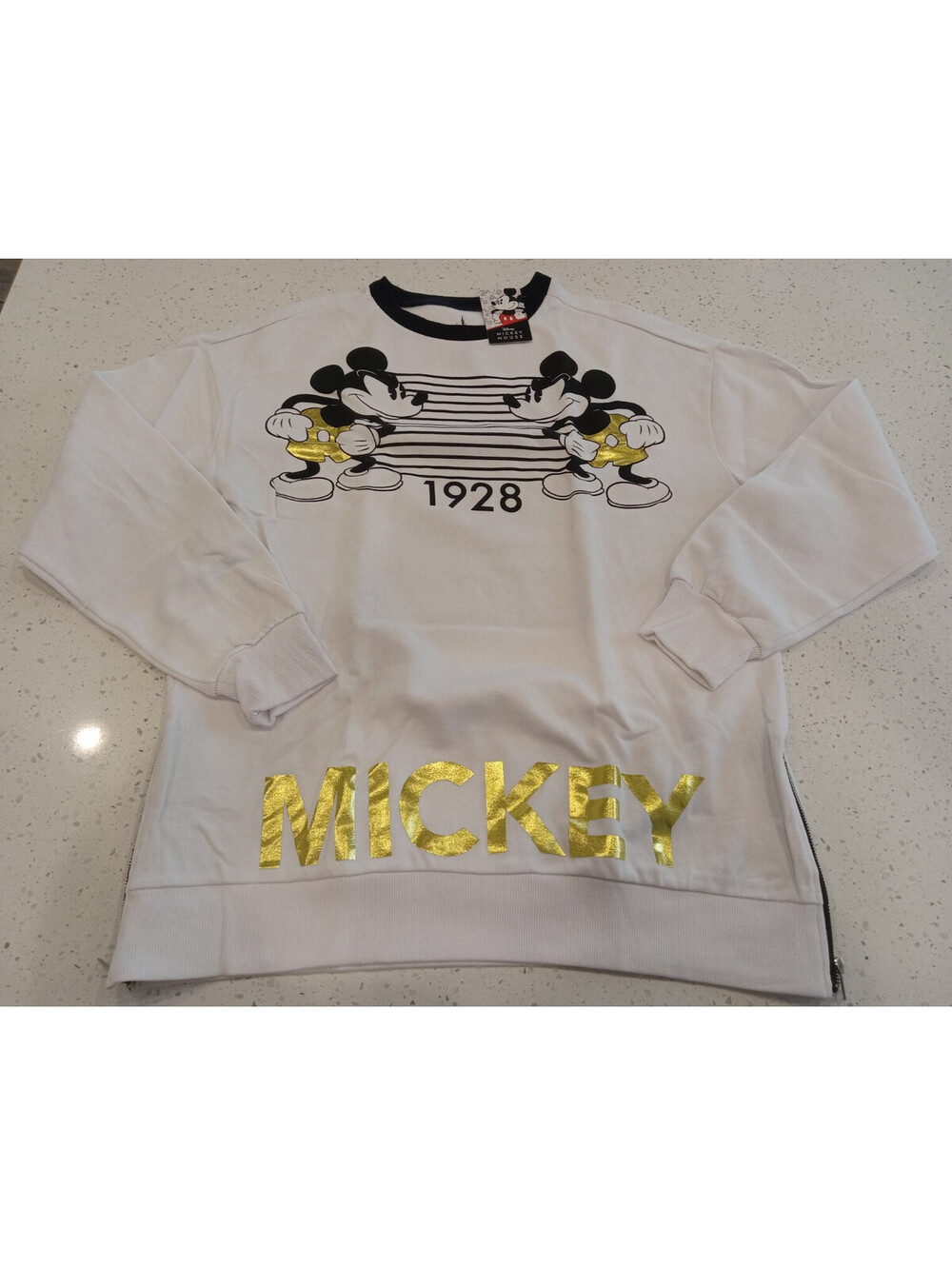Disney Mickey Mouse Sweatshirt Mens Large White Gold Metallic 1928 Side Zipper L